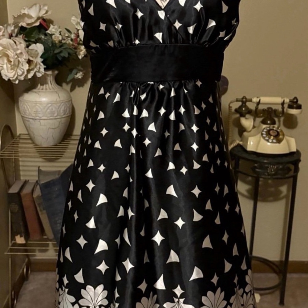 Trixxi Black and White Satin Cocktail Dress with Floral Border